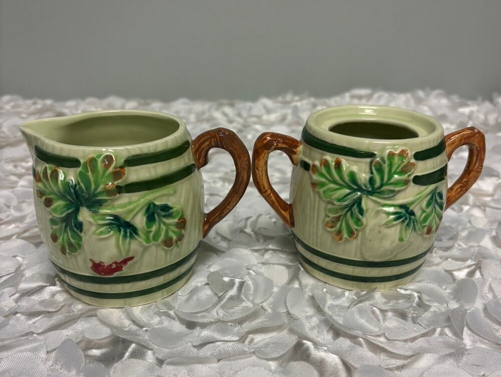 Vintage Majolica Style Barrel Creamer & Sugar Bowl Set